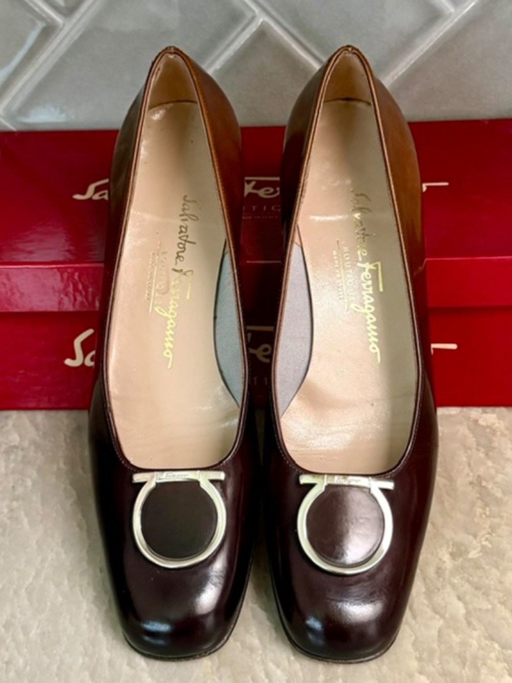 Salvatore Ferragamo Italian Leather Flats in Maroon Color Size 8AA